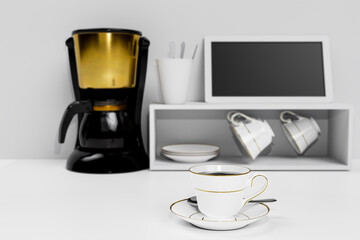 Black coffee in a white ceramic mug with gold rim and saucer. Blur Black and gold espresso machine  and Coffee cup storage on white background and white wallpaper.3D Rendering