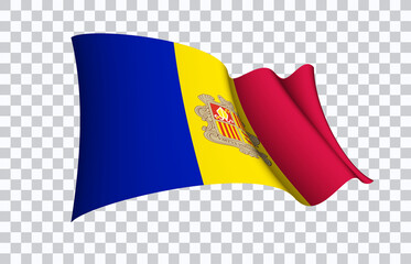 Andorra flag state symbol isolated on background national banner. Greeting card National Independence Day of the Principality of Andorra. Illustration banner with realistic state flag.