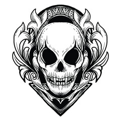 tattoo and t-shirt design black and white hand drawn alien skull engraving ornament premium vector