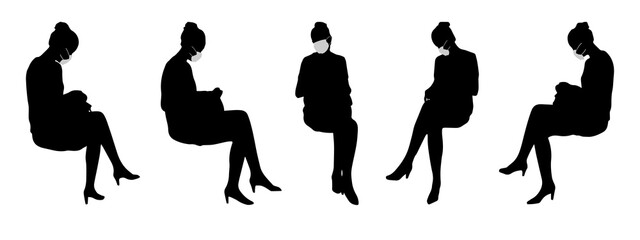 Vector concept or conceptual  silhouette women talking to each other as means of prevention and protection against coronavirus contamination. A metaphor for the new normal.