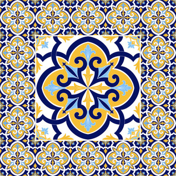 Portuguese tile pattern floor vector with vintage flowers print. Big ceramic element in center with frame. Mosaic background with portugal azulejos, mexican talavera, sicily, spanish majolica motifs.