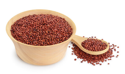 red quinoa seeds in wooden bowl isolated on white background with clipping path and full depth of field