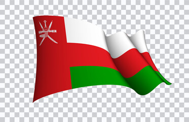 Oman flag state symbol isolated on background national banner. Greeting card National Independence Day of the Sultanate of Oman. Illustration banner with realistic state flag.