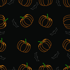 Halloween pattern with pumpkins and bats om the black background