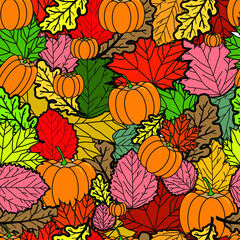 Bright colored autumn pattern with orange pumpkins, red, green. yellow oak, birch and rowan leaves