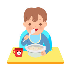 Toddler boy sitting on baby chair eating a bowl of porridge. Happy parenting illustration. World children's day. Flat vector isolated in white background.