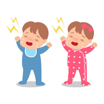Baby boy and girl feeling angry and crying. Emotion clip art. Parenting illustration. Flat vector isolated on white background.