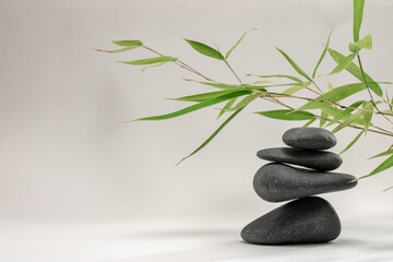 Spa zen basalt stones and green bamboo leaves on white background. The concept of wellness,...