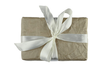 Brown gift wrap with white bow on isolated background
