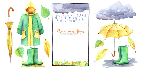 Watercolor decorative set of autumn illustrations isolated on white background. Thematic frame, waterproof costume, leaves and accessories. Fall mood. Hand drawn decorative elements