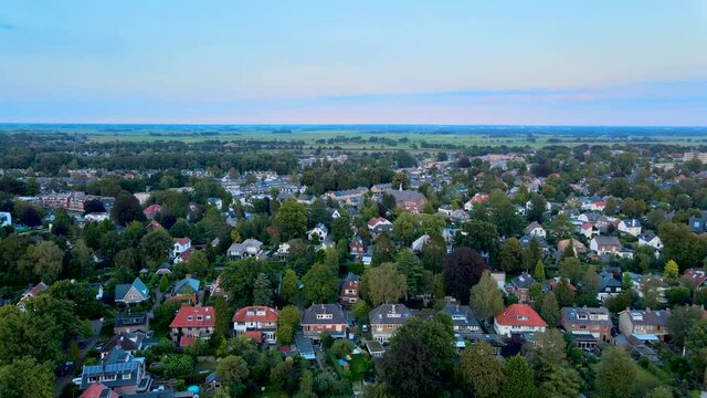 Jib down of beautiful suburban area at dusk