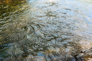 Water texture. Mountain river. Waves of green, blue and gray. Calm and tranquility. Nature. A park. Stones on the river bank. Rapid flow of water.