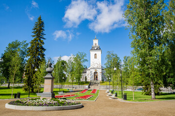 Fototapeta premium Kuopio, Finland / July 6 2020: View of The Snellmanninpuisto park and Kuopio Cathedral