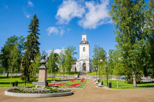 Kuopio, Finland / July 6 2020: View of The Snellmanninpuisto park and Kuopio Cathedral