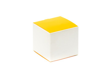 Blank glossy paper cube with white and yellow edges.