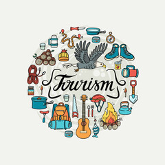 Vector cartoon isolated elements on the theme of tourism and travel on beige background. Colorful camping equipment - 375585790