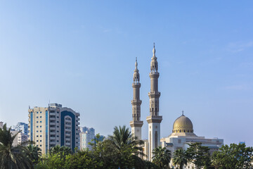 The beautiful Al Maghfirah Mosque in Sharjah, United Arab Emirates.