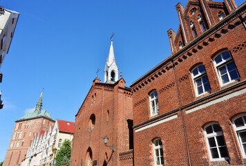 Fototapeta na wymiar Kolobrzeg, Poland city center view, old church buildings and cathedral