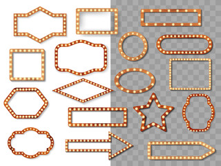 Set of wooden different polygonal boards with light bulbs isolated on transparent background. Vector stock illustration