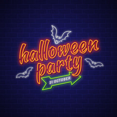 Happy halloween party trick or treat bats neon banner sign on black brick wall background decoration for neon sign, light banner, bright signboard vector illustration