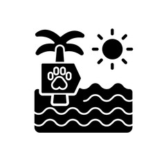 Pet beach black glyph icon. Special area for recreation with domestic animals. Summer recreation, holiday season activity silhouette symbol on white space. Pet resort. Vector isolated illustration