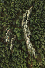 Aerial top view from a drone on a lonely rock in the forest