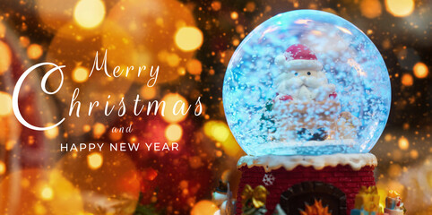 postcard ,Merry christmas ,ball with snow and santa claus and toys, bokeh