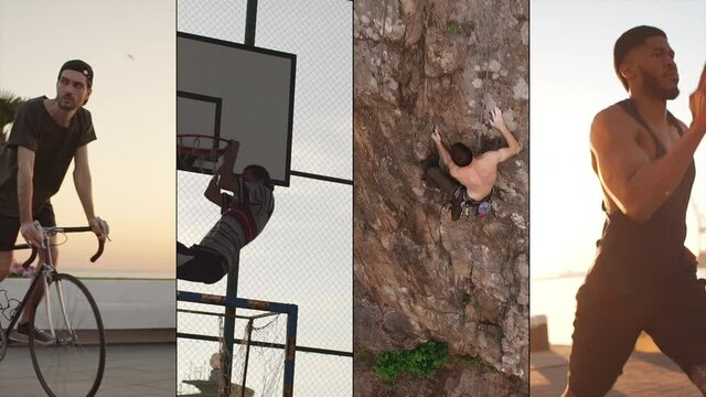 Split screen of diverse men, people doing sports. Multiscreen of person riding bike, cycling outdoors, guy playing basketball and making slam dunk, man climbing mountain or jogging. Wellbeing concept