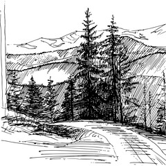 Graphic illustration free hand the mountain road