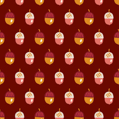 Christmas seamless pattern with acorns on dark red background