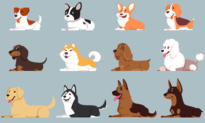 Lying dogs of different breeds. Big set of cute pets.