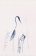 Stock Chinese ink style picture of heron in hight grass. Watercolor painting of bird on the swamp performed in single color. Concept for postcards, background, meditation, relaxation and decoration.