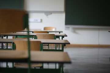 School furniture in a classroom in Germany shortly before the holidays come to an end during the Corona virus crisis.