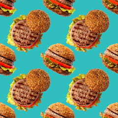 Burger seamless pattern on blue background. Tasty hamburger with beef, tomato and lettuce. Fast food,  take away meal concept.