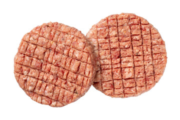 Two raw cutlet of minced beef meat for burger isolated on white background. Top view.