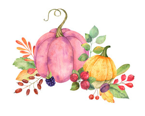 Autumn composition with watercolor pumpkins, sprigs of berries, colorful leaves, berries in high resolution.Design for cards, stickers, invitations