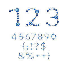 Numbers, signs, from jewelry with the eye of fatima, beads, amulet. Set of isolated vector objects on a white background.