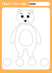 little bear. Fine motor skills preschool worksheet - dotted lines. Trace sheet. Illustration and vector outline - A4 paper, ready for printing.