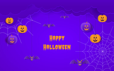 happy halloween background, illustration vector with paper cut style.