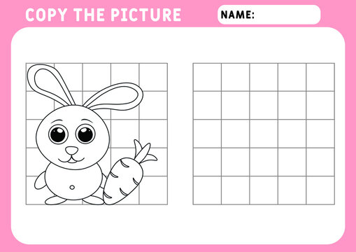 Little bunny coloring page. Educational game for children. Copy the picture. Illustration and vector outline - A4 paper, ready for printing.