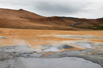 Geothermal alternative energy concept. Hverir geothermal area in the north of Iceland near Lake Myvatn.