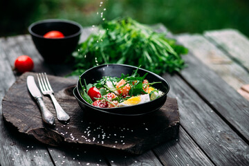 Salad with salmon, arugula and egg in a black plate 