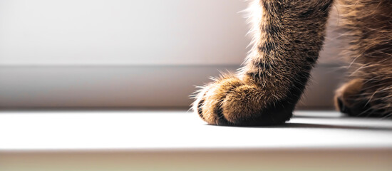 Paws of a red cat that sits on the windowsill close-up. Pet cat unfocused.