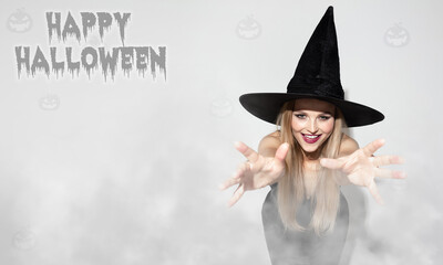 Young woman a witch on scary background, halloween flyer