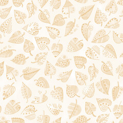 Beige decorative leaves texture. Watercolor and ink leaf seamless pattern.