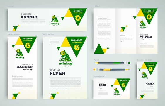 Mining cryptocurrency Set flyer cover, tri-fold, banner, roll up banner, business card
