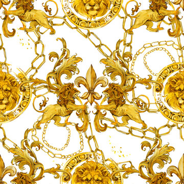 Gold Damask Seamless Pattern. Watercolor Vintage Golden Lion Ornament. Luxury Textile Print