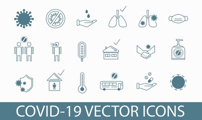 Set of Coronavirus covid-19 vector icons depicting pandemic bacteria, social distancing, medical face mask, house as a symbol of isolation, hand shaking, lungs infected by virus, hand disinfection.