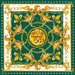 Silk scarf with golden lion and damask ornament. luxury shawl design. gold lace watercolor hand drawn textile background.