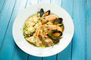 Roasted Mixed Seafood Contain Mussels, prawns, salmon